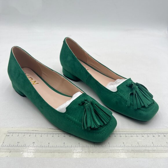 YDN Green Block Low Heel Loafer Square Toe Tassel Fringe Pump Slip On Dress Shoe - Picture 3 of 7